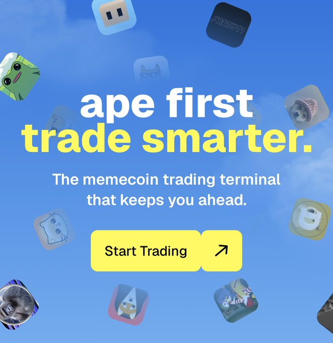 A blue sky background with floating meme character icons showcases the text "ape first trade smarter. The memecoin trading terminal that keeps you ahead." with a yellow "Start Trading" button, promoting the trady.xyz platform featured in the post.