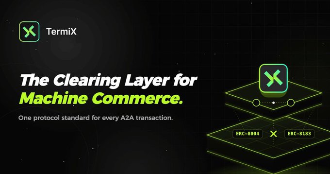A dark promotional graphic for TermiX, featuring the text "The Clearing Layer for Machine Commerce. One protocol standard for every A2A transaction." alongside a 3D layered diagram illustrating a connection between ERC-8004 and ERC-0183 protocols, visually representing the AACP protocol mentioned in the post as a foundational trust layer for AI agent-to-agent transactions.