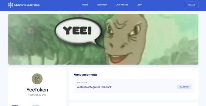 A screenshot from the Chainlink Ecosystem website showing a 'YeeToken' project page with a cartoon avatar saying 'YEE!' and an announcement from April 13, 2026 about 'YeeToken integrates Chainlink'.