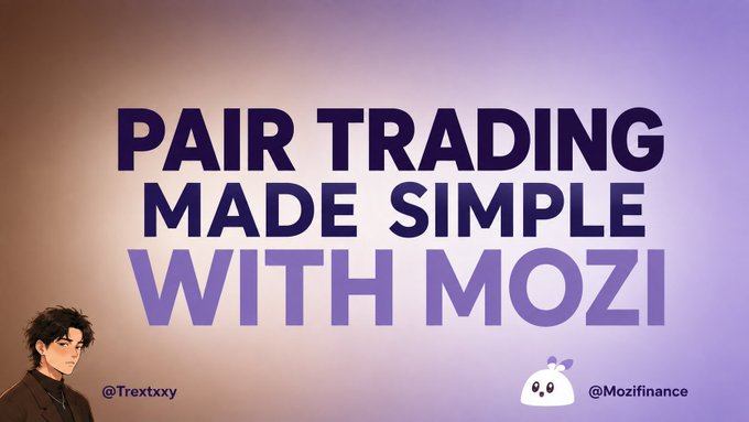 The image is a promotional graphic with bold purple and dark text reading "PAIR TRADING MADE SIMPLE WITH MOZI" against a gradient background, featuring an anime-style character on the left (@Trextxxy) and a white blob mascot on the right (@Mozifinance). It relates to the post by serving as a visual header introducing MOZI as a simpler alternative for expressing pair trading theses on perps, eliminating the need to manage two separate positions.