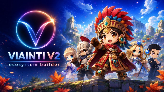 A promotional graphic for 'VIAINTI V2 ecosystem builder' shows animated chibi-style characters in an adventure setting, including a central figure dressed as an indigenous warrior with a feathered headdress.