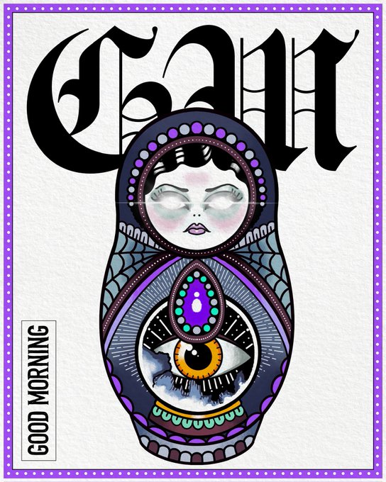 An artistic illustration depicts a Russian nesting doll with a pale face and an all-seeing eye design on its body, framed by a purple dotted border, featuring Gothic-style text and 'GOOD MORNING' in the corner.