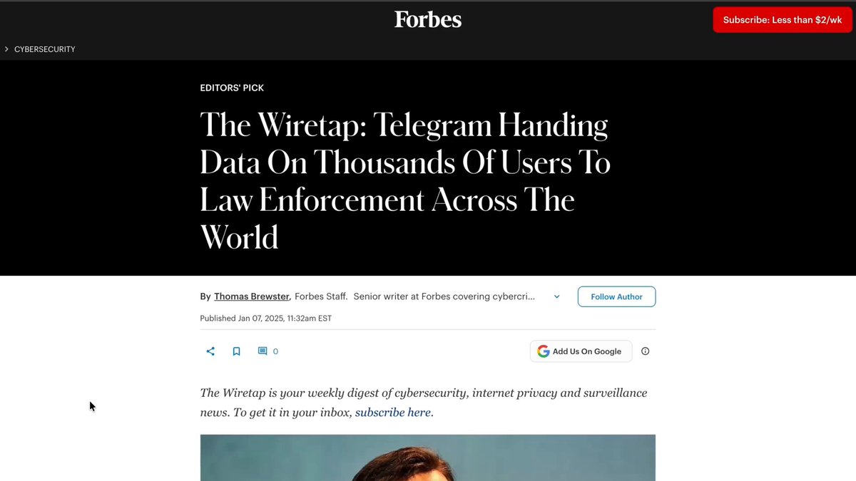 The image shows a post from Forbes about Wiredtap, a company that provides services related to telephone communication data collection. The article discusses Wiredtap's recent launch of a new product called the Wiretap Tether, which allows users to send and receive funds using their phones. This new offering is designed for financial transactions on mobile devices, providing an alternative payment method beyond traditional methods like credit cards or PayPal.