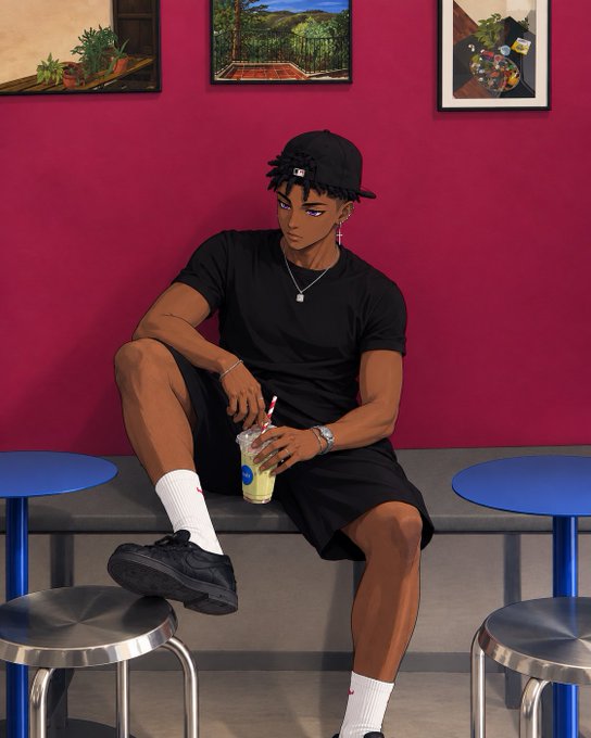 A digital illustration depicts a young man in a black t-shirt, shorts, cap, and Air Jordans sitting on a bench holding a drink with a straw, set against a red wall with framed artwork.
