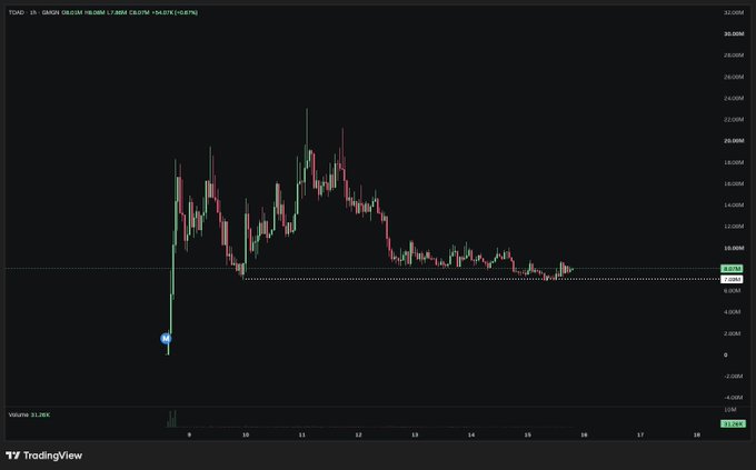 A TradingView candlestick chart of TON/USDT showing a massive initial spike to around 22 followed by a decline and consolidation around the 8-10 range, with a blue marker at the lowest point.