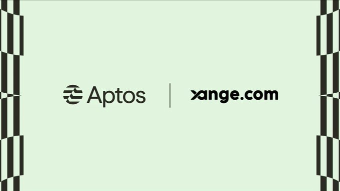 A light green graphic features the Aptos logo and "xange.com" separated by a vertical line, framed by bold black geometric striped patterns on both sides, promoting the Aptos listing on the Xange exchange.