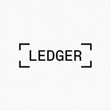 The Ledger logo displayed in black text within a minimalist camera viewfinder-style frame on a light gray background.