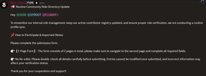 The image shows a Discord message from "Mira.standX" announcing a "Routine Community Role Directory Update" addressed to @SEED, @SPROUT, and @FLOWER holders, instructing them to complete a 2-page submission form with no edits allowed for role verification purposes. This aligns with the post highlighting StandX_Official's recent communication to role holders about routine role evaluations, suggesting positive community sentiment toward the project's organized management approach.
