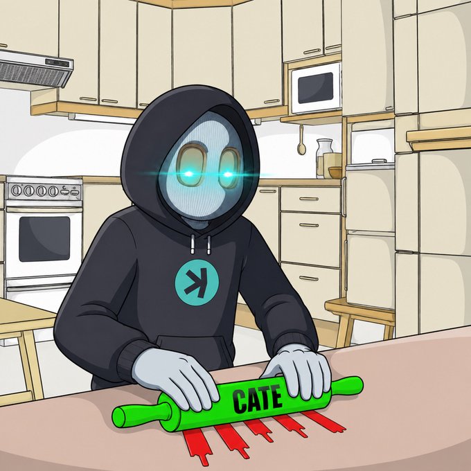 A hooded, glowing-eyed figure kneads a green rolling pin labeled "CATE" in a kitchen, visually representing the "$CATE giveaway" promotional offer requesting retweets and follows for a chance to win $50 prizes.