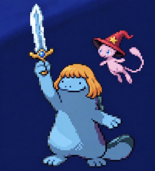 A pixel art illustration depicts a blue creature with orange hair holding a sword upward, accompanied by a small pink flying character wearing a wizard hat.