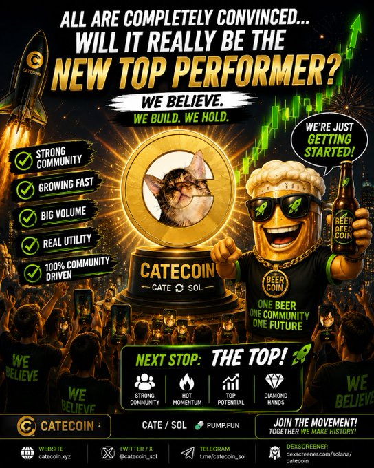 A promotional advertisement for "CATECOIN" featuring a cat wearing a beer mug hat and sunglasses, highlighting features like "STRONG COMMUNITY," "GROWING FAST," and "BIG VOLUME" with the ticker "CATE / SOL" on the Pump.Fun platform.