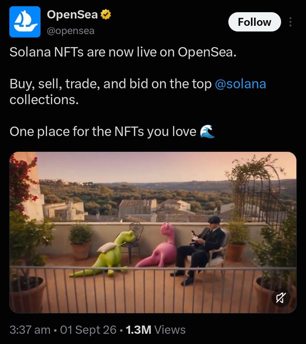 An OpenSea tweet announcing 'Solana NFTs are now live on OpenSea,' featuring an image of inflatable toys on a terrace.