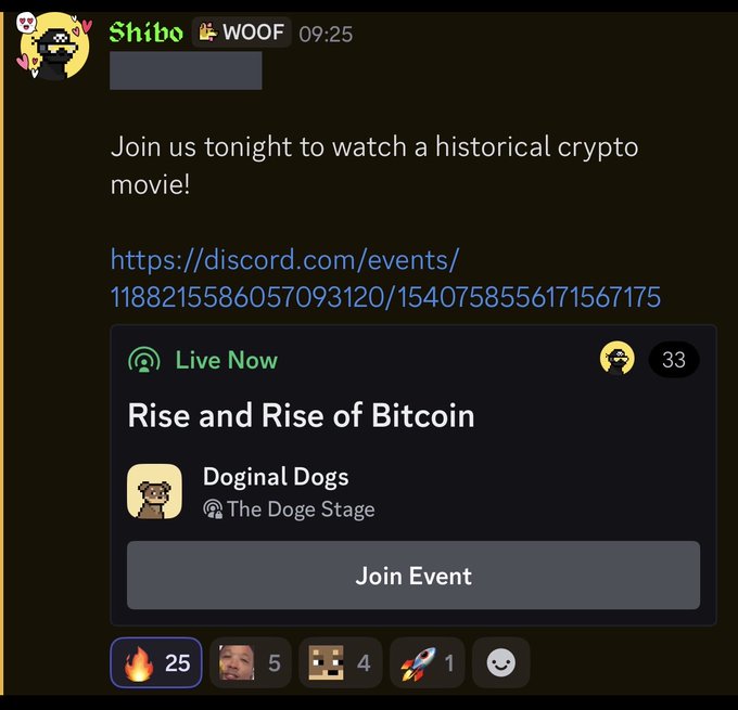 A Discord message from "Shibo" with a "WOOF" tag at 09:25 announces a live movie night, featuring an event titled "Rise and Rise of Bitcoin" hosted by "Doginal Dogs" on "The Doge Stage" with 33 attendees, a "Join Event" button, and 35 total reactions—aligning with the post's promotion of the live movie screening in Discord.