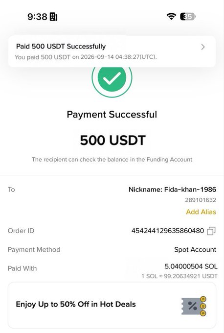 The image shows a Binance payment confirmation for 500 USDT (paid with 5.04 SOL) sent to user "Fida-khan-1986" (UID 289101632) on 2026-09-14, serving as proof of the giveaway transfer the post promises to additional recipients.
