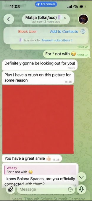 A Telegram chat screenshot with 'Matija (blkn/acc)' showing messages including 'For * not with 😊', 'Definitely gonna be looking out for you!', a red image, 'You have a great smile 👍', and a reply about Solana Spaces.