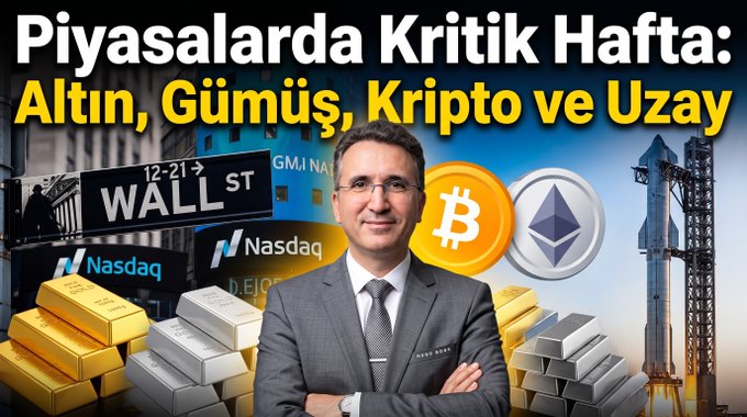 A YouTube thumbnail features a man in a gray suit with a microphone against a backdrop displaying Wall Street and Nasdaq signs, Bitcoin and Ethereum logos, gold and silver bars, and a rocket, with the Turkish headline "Piyasalarda Kritik Hafta: Altın, Gümüş, Kripto ve Uzay" (Critical Week in Markets: Gold, Silver, Crypto and Space). The visual elements align with the post's hashtags, linking gold/silver (XAUUSD/XAGUSD), crypto (Bitcoin/Ethereum), tech ETF-style holdings (SMH/IGV), and space companies (NASA/SpaceX) as key market topics for the upcoming week.