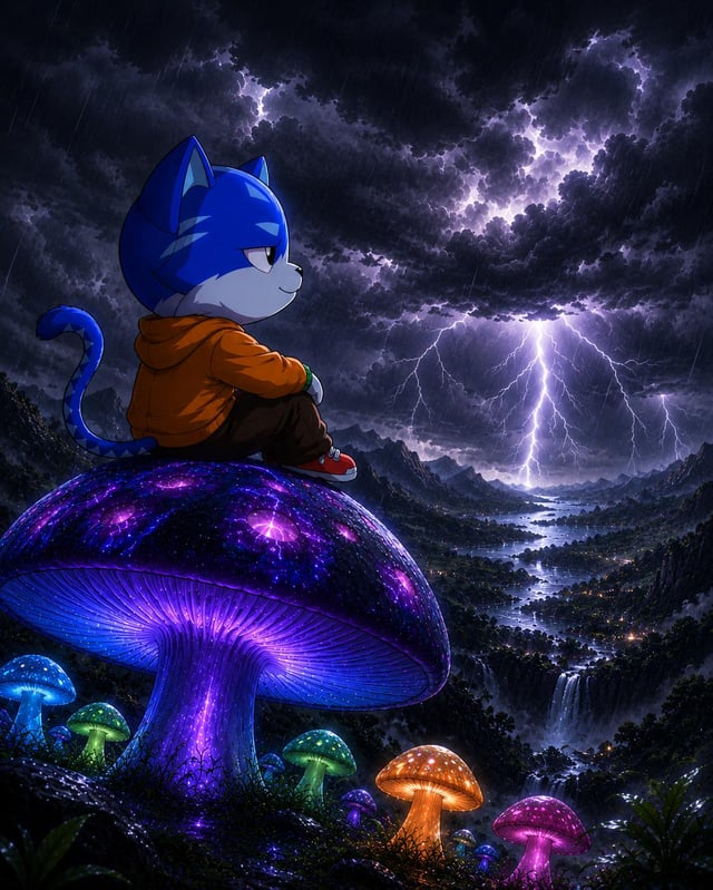 The image features a cat sitting atop a mushroom, looking out at a stormy sky filled with lightning. The cat appears to be wearing an orange jacket while perched on top of the mushroom. The background depicts a dark sky with clouds and lightning bolts, creating a dramatic atmosphere for this whimsical scene featuring the cat as its main subject.