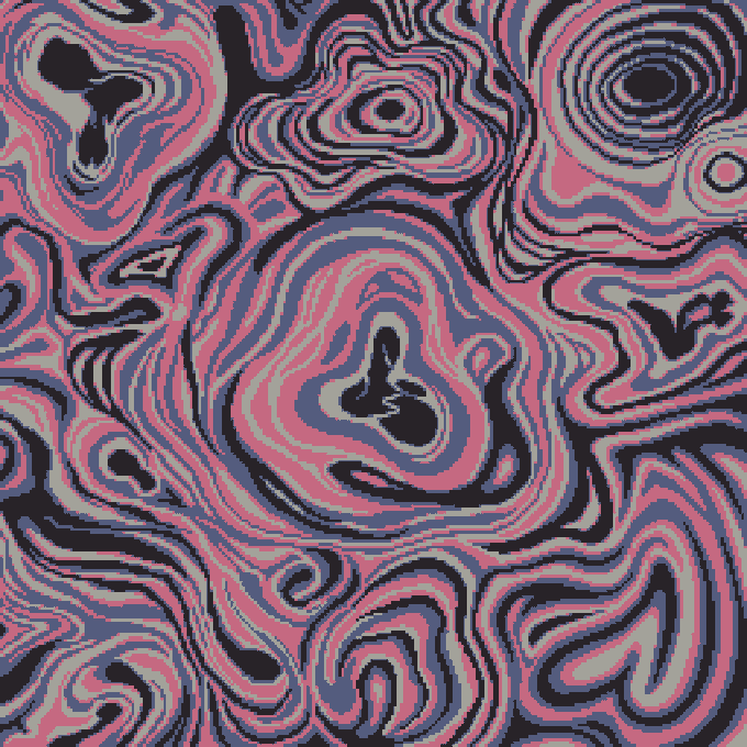 An abstract digital artwork featuring swirling, concentric topographical patterns in shades of pink, navy blue, black, and gray.