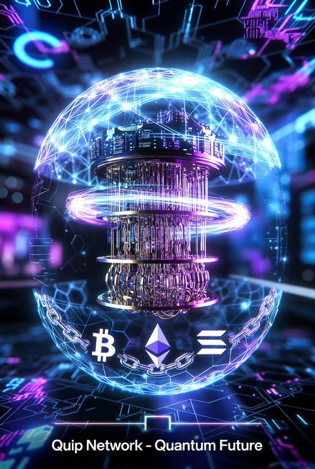 The image features a futuristic scene with a large purple ball at its center, surrounded by blue lines that create an abstract pattern. The ball has a chain attached to it, which appears to be made of gold or silver material. The background of the image is filled with various elements such as buildings and other objects, giving the impression of a bustling cityscape.

The caption above the image reads "Quip Network - Quantum Future". This suggests that the image is related to the Quip Network, which is a company focused on developing global quantum computing technology for web3Quip network. The futuristic scene with the purple ball and chain serves as an artistic representation of this vision for the future of computing and technology.