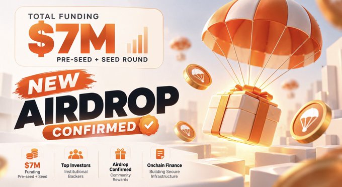 A promotional graphic announces “TOTAL FUNDING $7M” and “NEW AIRDROP CONFIRMED,” alongside a parachuting gift, coins, and icons for funding, backers, rewards, and security.