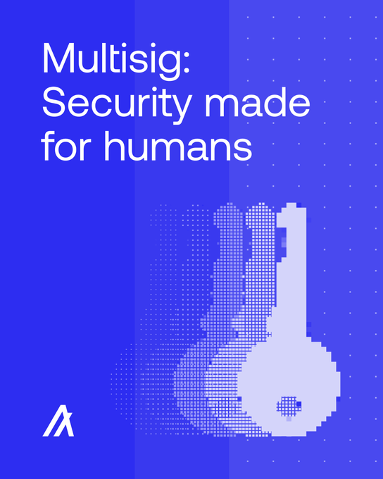 The image shows a blue graphic with the text "Multisig: Security made for humans" and a key icon, visually reinforcing the post's message about Algorand's native multisig feature and Pera Wallet's new Shared Accounts tool that eliminates single points of failure by allowing multiple participants and threshold approvals for high-value wallets.
