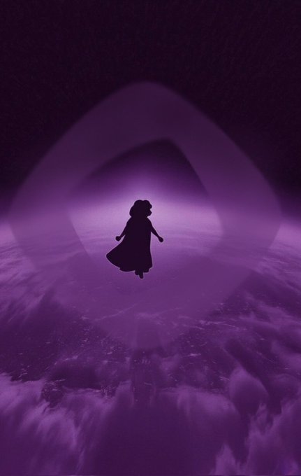 A silhouette of a girl in a dress floats in a surreal purple space, surrounded by glowing, arching light forms and misty cloud-like textures below.