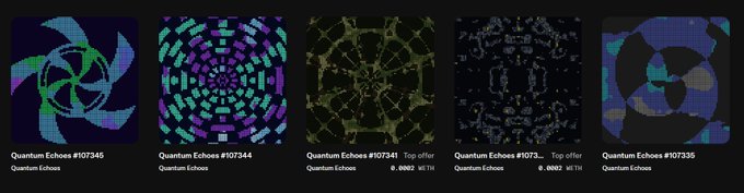 A row of five NFT listings on a marketplace, all titled 'Quantum Echoes' with prices in WETH ranging from 0.0082 to top offer items, displayed against blue-themed digital artwork.