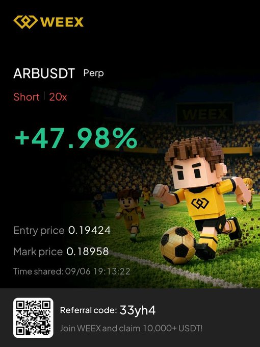 A promotional graphic for WEEX exchange showing ARB/USDT Perpetual Short position with +47.98% gain, entry price 0.19424, mark price 0.18958, shared 09/06 19:13:22, featuring pixel-art soccer players and referral code '33yh4' to claim 10,000+ USDT.
