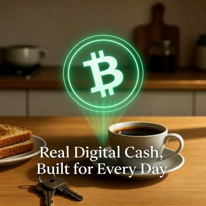 A promotional image shows a cup of coffee and toast on a wooden counter with a glowing green Bitcoin hologram above, and text reading 'Real Digital Cash, Built for Every Day'.
