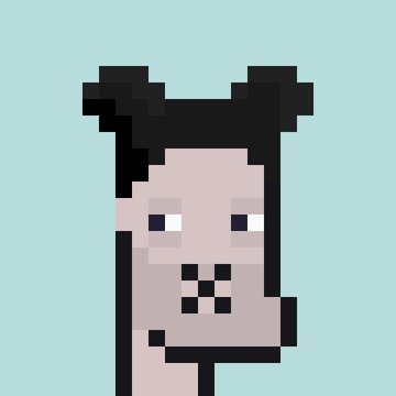 Pixel art portrait of a pale figure with long black hair, animal-like ears, and a rectangular mouth against a light blue background.