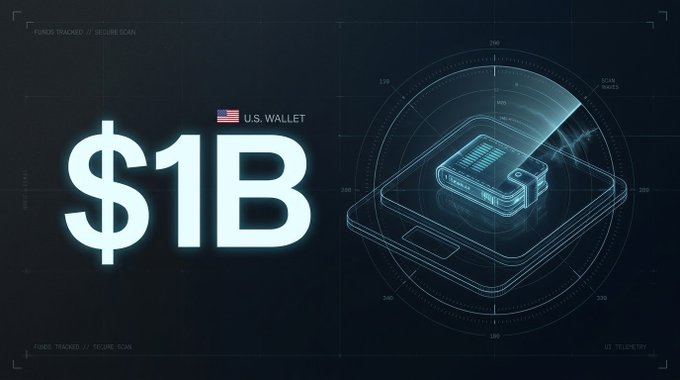 A digital graphic displaying '$1B' and 'U.S. WALLET' with an American flag icon, alongside a holographic-style scan animation of a wallet or device.
