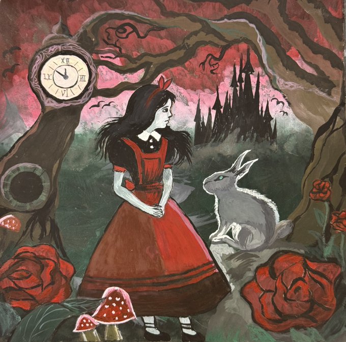 A gothic-style painting depicting a girl in a red and black dress with a red bow standing in a dark forest, facing a white rabbit, with a castle silhouette in the background and red roses scattered throughout the composition.