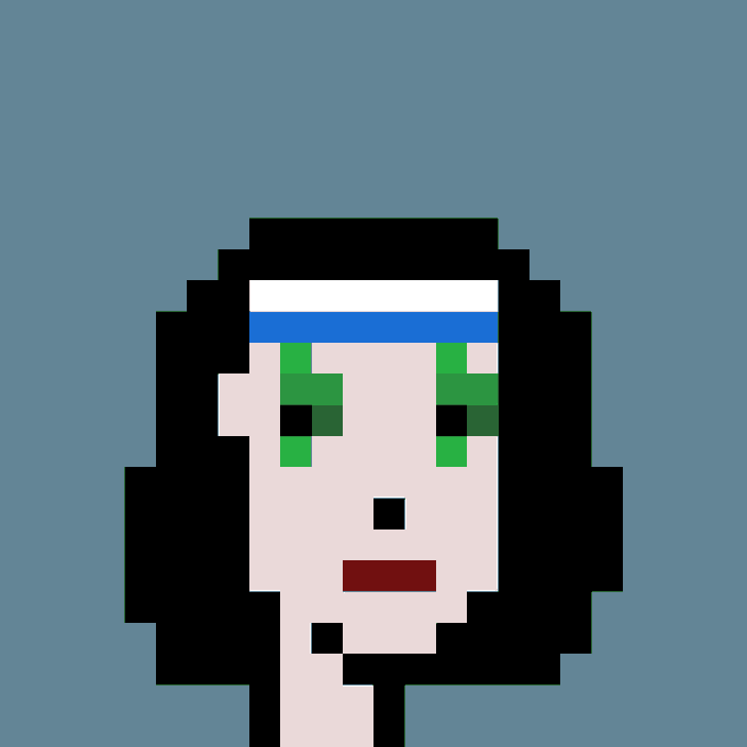 A pixelated portrait of a female character with long black hair, a white headband with a blue stripe, bright green eyeshadow, and dark red lips, set against a solid blue-gray background—representing CryptoPunk #4704, which was purchased for 33 ETH ($59,319 USD) as noted in the accompanying post.
