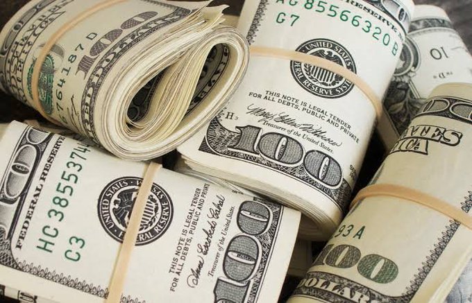 Multiple rolled stacks of US $100 bills are bundled together with rubber bands, showing Federal Reserve notes.