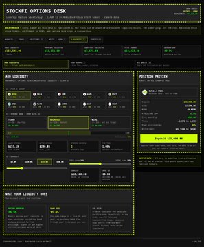 A screenshot of the "STOCKF OPTIONS DESK" trading interface showing ASIC liquidity data, position metrics, and market summary statistics in a dark theme.