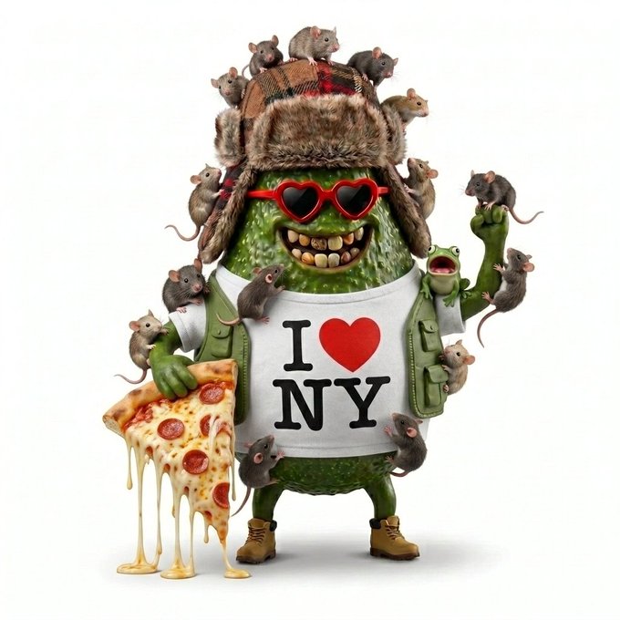 A 3D illustration of a green pickle character wearing a fur trapper hat, heart-shaped sunglasses, and an 'I ❤️ NY' t-shirt, surrounded by mice and holding a slice of pizza.
