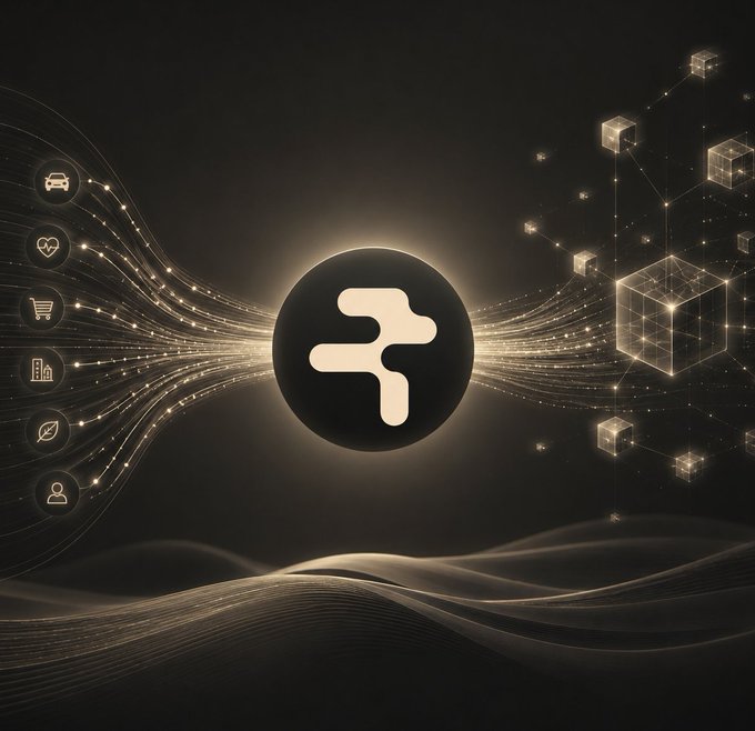 A promotional graphic for the FET token, showing its logo in the center with light streams connecting to category icons (car, health, shopping, building, leaf, person) on the left and 3D cubes representing blockchain on the right.