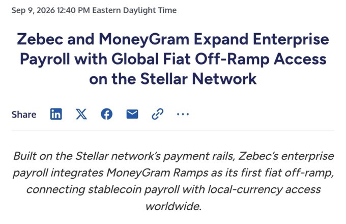 The image shows a news headline from September 9, 2026, announcing that Zebec and MoneyGram are expanding enterprise payroll with global fiat off-ramp access on the Stellar Network, which directly relates to the post about $XLM and $ZBCN, highlighting how Zebec's payroll solution built on Stellar's rails integrates MoneyGram Ramps as its first fiat off-ramp for stablecoin-to-local-currency conversions worldwide.