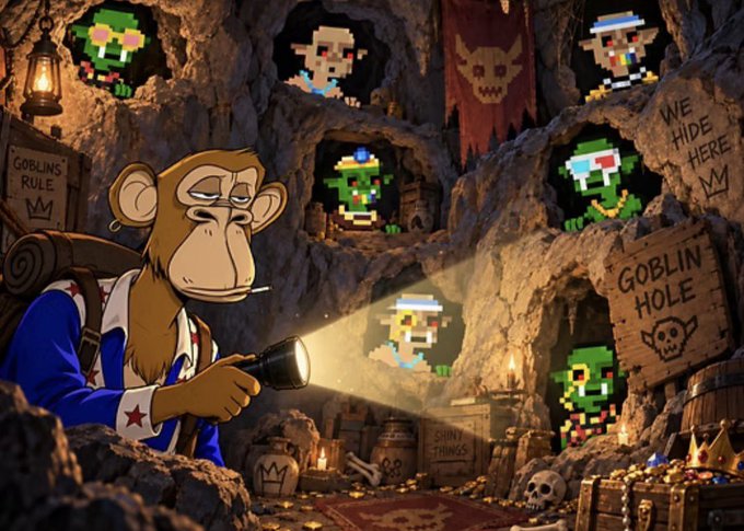 A cartoon monkey wearing a blue outfit shines a flashlight into a cave marked with signs reading 'GOBLINS RULE', 'GOBLIN HOLE', and 'WE HIDE HERE', revealing multiple pixel-art goblin characters in the cave openings.