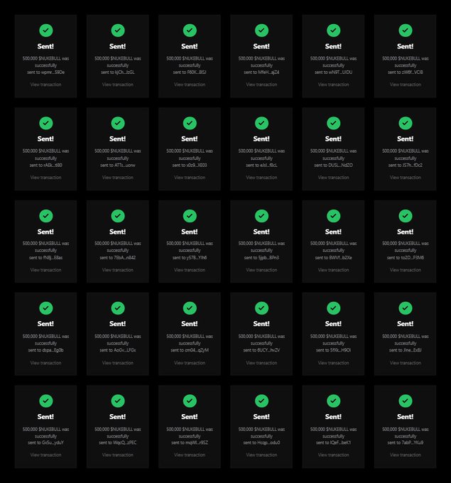 A grid of 30 confirmation cards each showing a green checkmark, "Sent!" and text indicating "500,000 $NUKEBULL was successfully sent" to various Solana wallet addresses, serving as proof of completed airdrop payouts to 30 of the 555 promised winners.