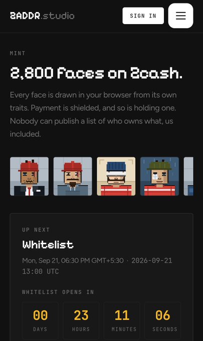 A screenshot of the 'RADAR studio' website showing a 'MINT' page for '2,800 Faces on Radar,' with descriptions about faces drawn in browsers and shielded payments, featuring pixel art character portraits and a countdown timer for an upcoming 'Whitelist' opening.