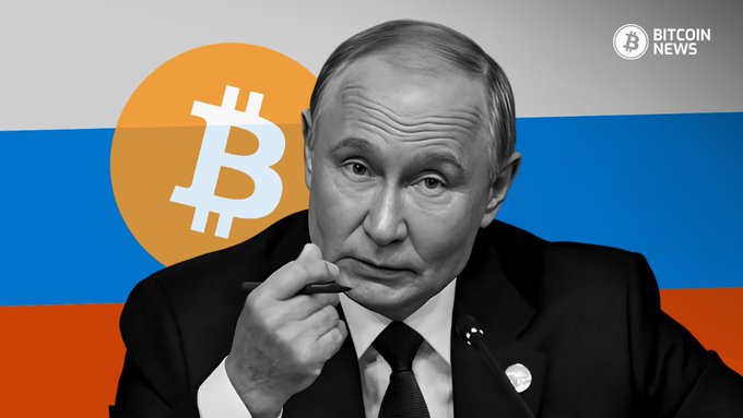 Vladimir Putin, in a black-and-white portrait, holds a pen thoughtfully near his face against a backdrop featuring the Russian flag colors (white, blue, orange) and an orange Bitcoin logo, with a "BITCOIN NEWS" watermark in the corner. The image illustrates Russia's new digital-asset law recognizing Bitcoin as an investment asset through licensed intermediaries while still prohibiting its domestic use for goods payment.