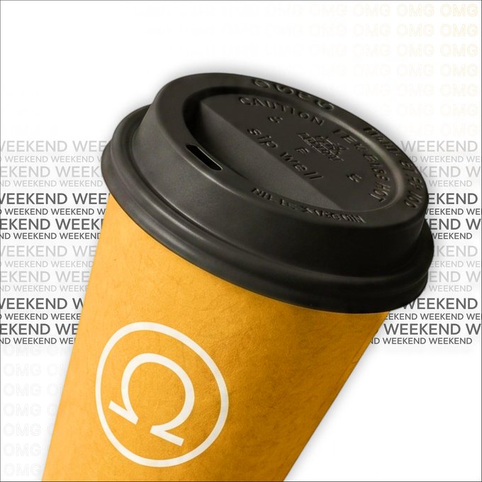 A kraft paper coffee cup with a black lid and white recyclable logo sits against a background tiled with "WEEKEND" and "OMG" watermarks, reinforcing the post's message of taking a coffee break during the weekend while @omega_net_x continues building progress.