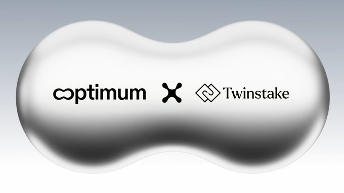 The image features a sleek, pearl-like silver blob showcasing the logos of "Optimum" and "Twinstake," visually representing the new partnership announcement highlighted in the post. The polished, unified design symbolizes the collaboration between the two firms, with Twinstake's institutional staking capabilities complementing Optimum's ecosystem.
