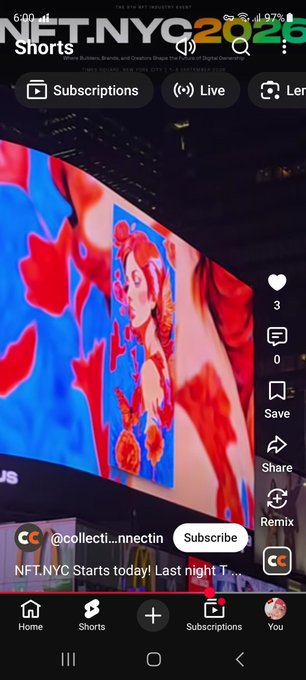 YouTube Shorts screenshot of NFT.NYC 2026 content (@collecti..nnectin) showing a large red and blue digital art display from the NFT industry event.
