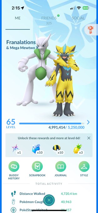 The image displays the 'ME' profile of Pokémon GO player 'Frantalations', showing a level 65 status with 4,991,414/5,250,000 XP, featuring Mewtwo and a yellow Mega Mewtwo (labeled 'Mega Mewtwo X'), and stats indicating 4,720.4 km walked and 40,963 Pokémon caught.
