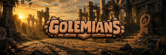 A stylized logo reading 'GOLEMIANS' in stone-textured lettering is set against a background of ancient ruins bathed in golden sunset light.