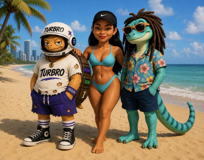 A 3D-rendered cartoon scene shows a turtle in a 'TURBRO' football jersey, a woman in a blue bikini and Nike cap, and a green lizard with dreadlocks and sunglasses standing on a beach.