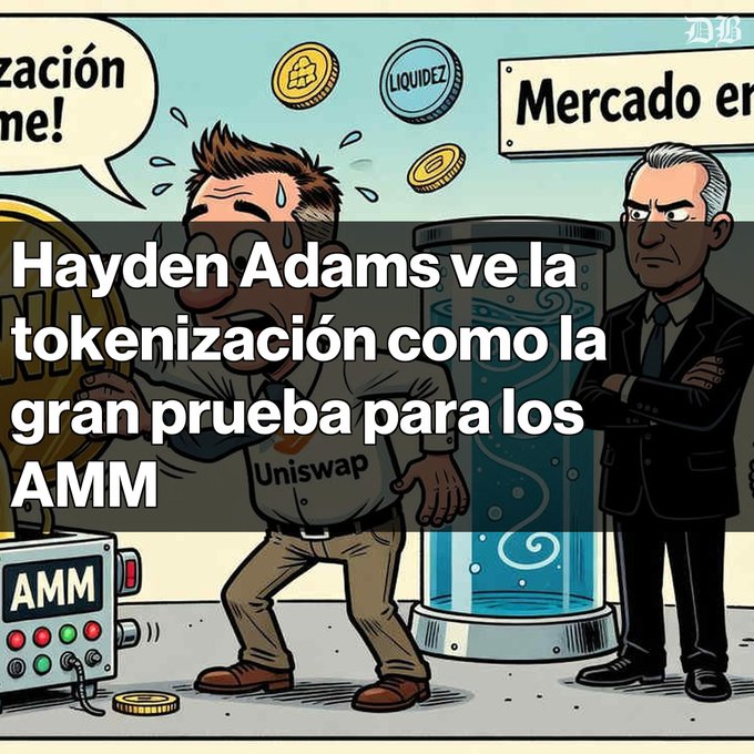 A cartoon illustration shows a sweating man wearing a "Uniswap" shirt looking distressed near a machine labeled "AMM," while a stern man in a suit watches beside a tank of "Liquidez," with floating tokens and a sign reading "Mercado en." Overlaid text reads "Hayden Adams vela tokenización como la gran prueba para los AMM," visually representing the post's warning that tokenization does not guarantee liquidity for automated market makers.