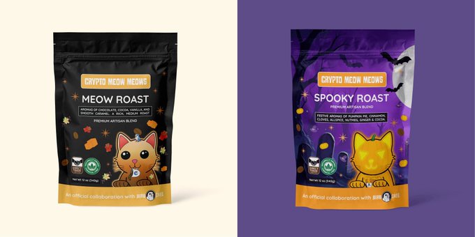 Two pouches of 'Crypto Meow Meows' cat-themed coffee blends in collaboration with BIG: Meow Roast (Premium Artisan Blend) and Spooky Roast (Premium Artisan Blend).